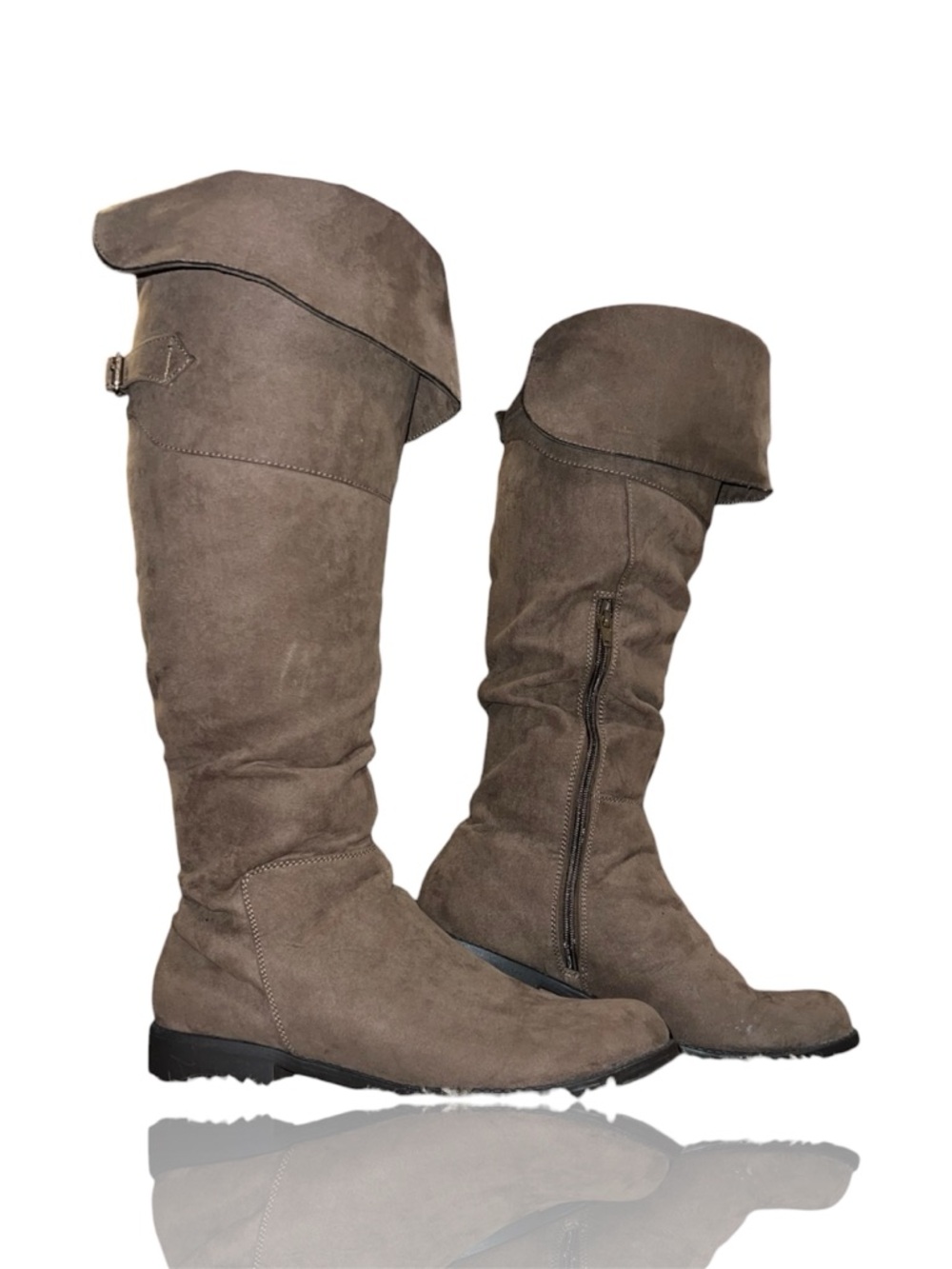 Knee-High Fold-Over Taupe Boots - Size 10